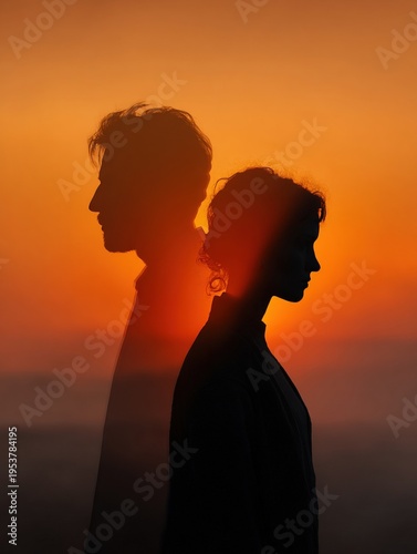 Melancholy couple silhouettes in a double exposure sunset