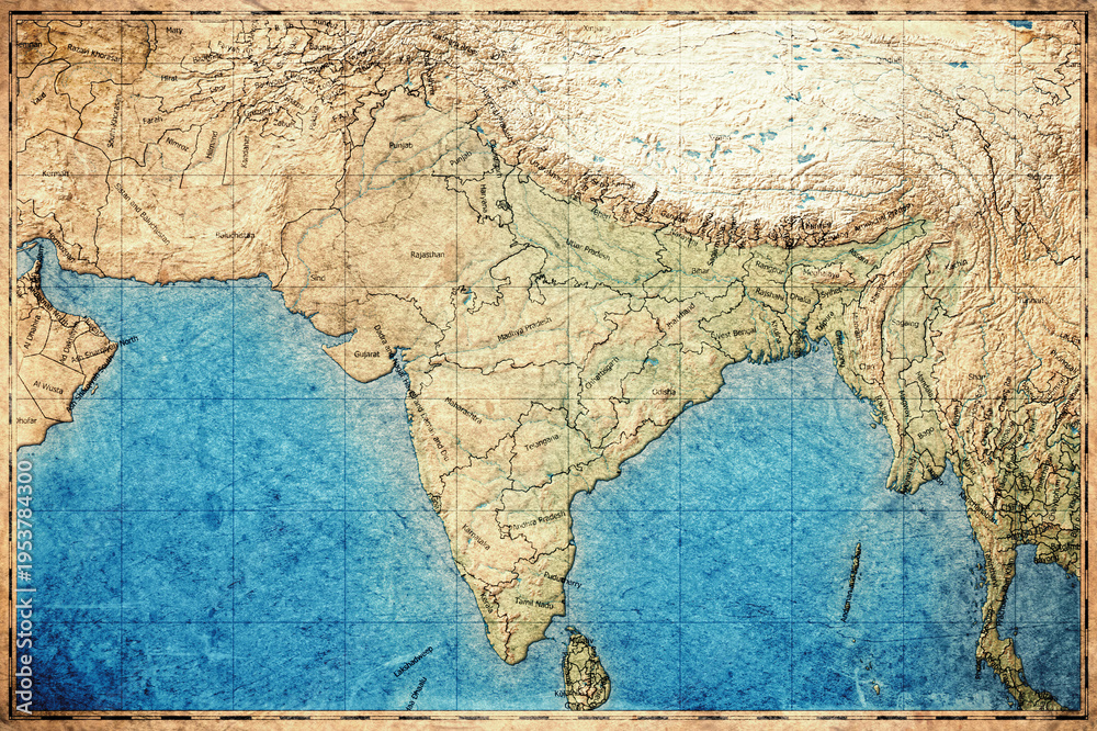 Fototapeta premium Vintage Map Of Indian Subcontinent On Retro Paper Background