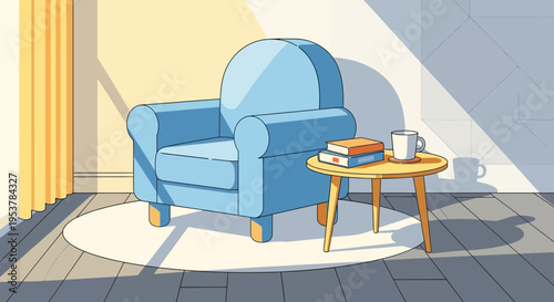Cozy living space featuring a blue armchair, coffee table, and soft morning sunlight flooding the