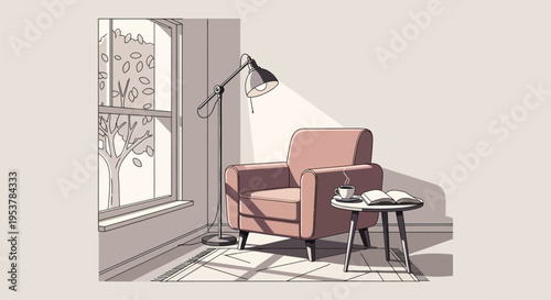 Cozy living space with armchair, lamp, and reading materials creating a tranquil ambiance