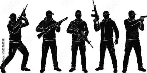 Set of armed men silhouettes in hoodies and caps holding rifles shotguns and handguns isolated on white background for tactical