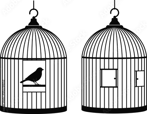 Set of birdcage silhouettes with a bird inside and an empty cage with open doors isolated on white background vector