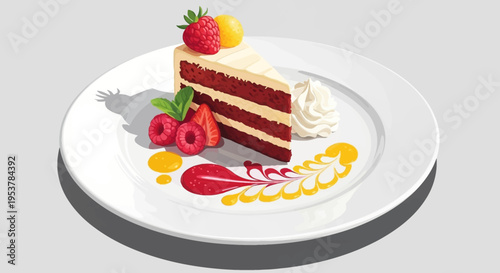 Delicious slice of cake with berries and cream on a plate ready to be enjoyed