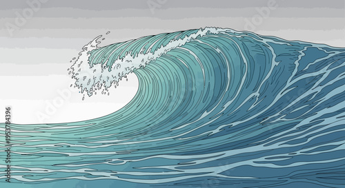 Depiction of a giant wave cresting, rendered with an illustrative, stylized aesthetic