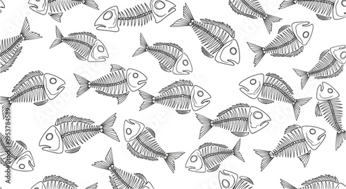 Seamless Pattern of Green Fish Skeletons on White Background
