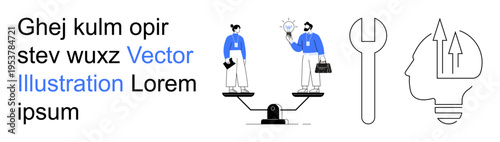 Work-life balance, innovation, problem-solving, teamwork, decision-making, idea generation. People on scales, light bulb head and wrench. Work-life balance and innovation concepts
