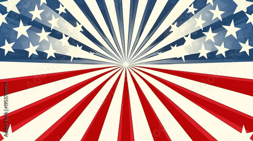 Waving american flag with starburst background and confetti symbol of freedom and patriotism