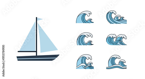 Sailboat with waves nautical icons set.