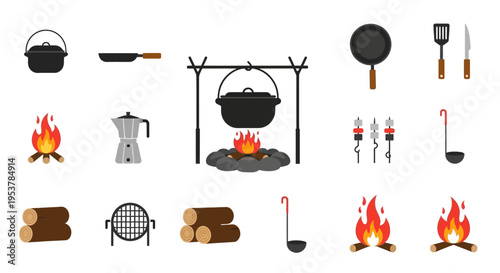Camping cooking utensils and fire tools.
