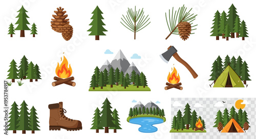 Camping icons and forest elements.