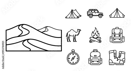 Camping icons and travel symbols set.