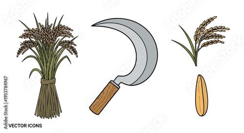 Sickle and wheat vector icons set.