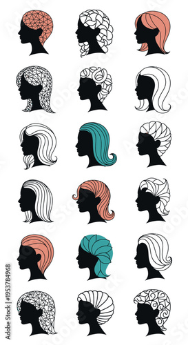 Silhouette heads with creative hairstyles.