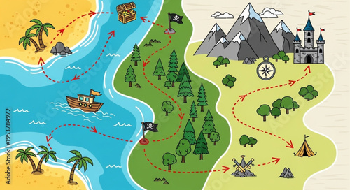 Colorful Pirate Treasure Map with Landmarks and Adventure Route.