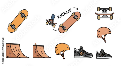 Skateboard and football sports equipment.