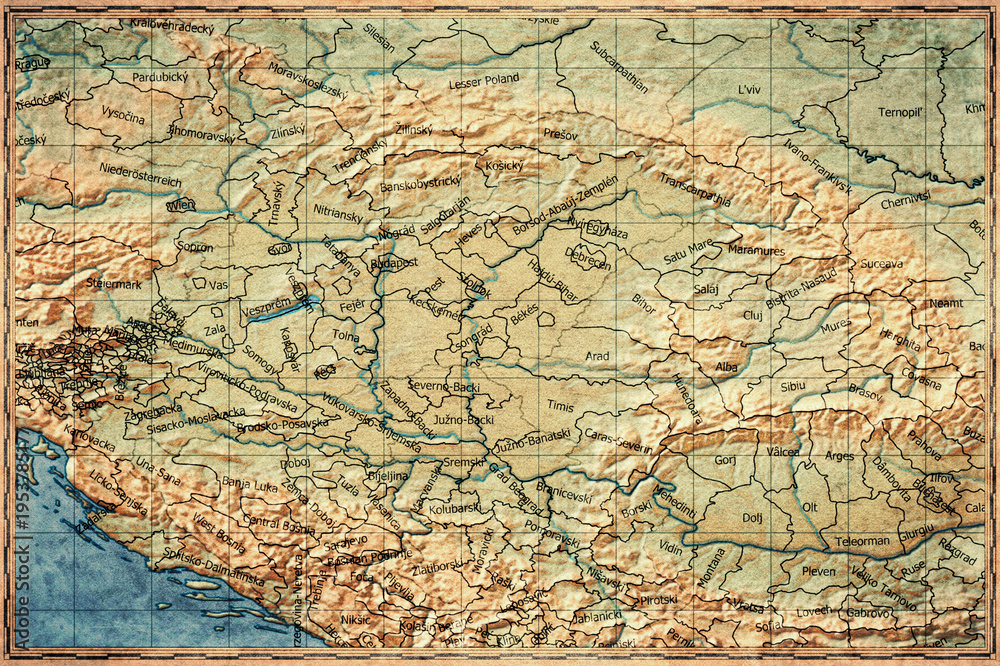 Fototapeta premium Vintage Map Of Pannonian Basin On Retro Paper Background