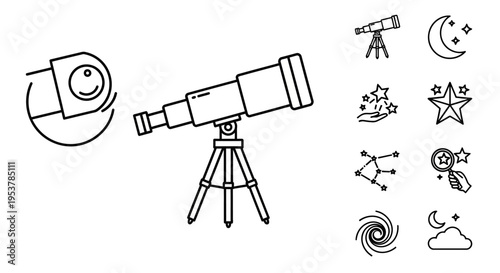 Telescope on a tripod stand outside.