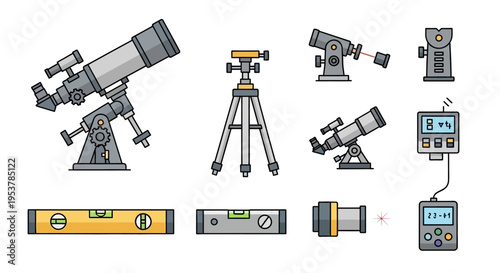 Telescopes and astronomy equipment tools.