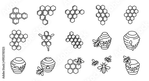 Black and white honeycomb illustrations set.