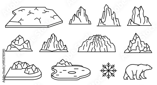 Black and white mountain illustrations set.
