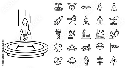 Black and white rocket ship launching.