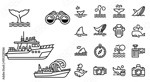 Black and white sea icons set.