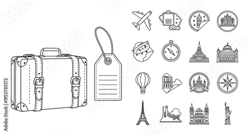 Travel icons with suitcase and landmarks.