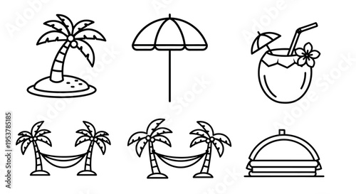 Tropical icons with palm trees umbrellas.