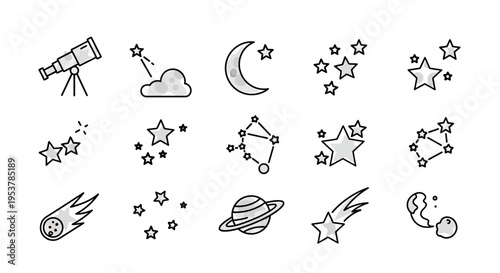 Black and white star and planet icons.