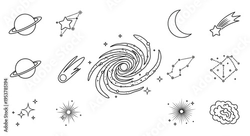 Black and white space icons set.