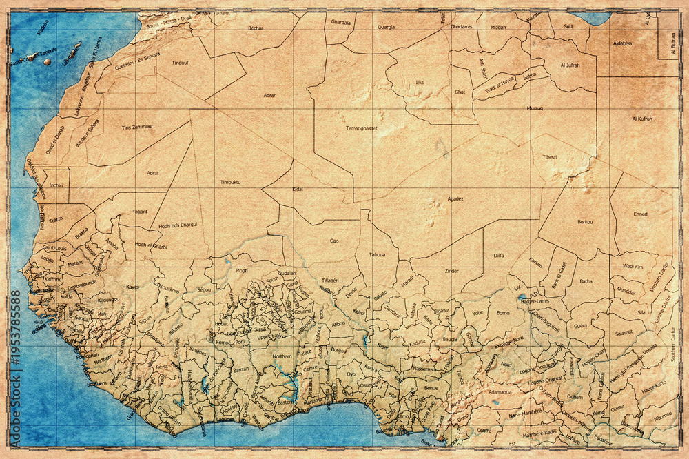 Naklejka premium Vintage Map Of Sahel Region On Retro Paper Background