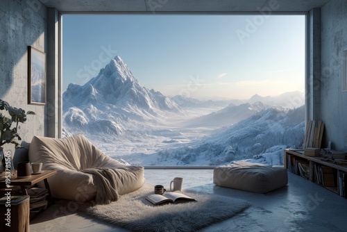 Cozy living room with panoramic window overlooking a majestic snow-covered mountain range at sunrise.