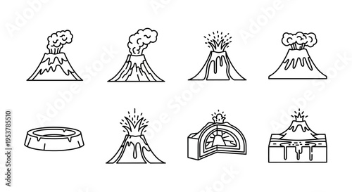 Volcanoes in various eruption stages.