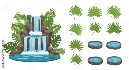 Waterfall with tropical leaves and plants.