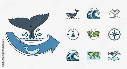 Whale tail with blue arrow eco symbol.