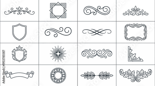 A collection of elegant decorative ornaments and design elements. Includes borders, frames, and dividers, creating versatile design resources.
