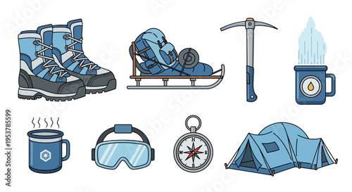 Winter sports and camping equipment icons.