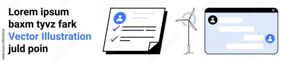 Obraz premium Identity verification, renewable energy, digital communication, online services, paperwork, eco-friendly concepts. Paper document, wind turbine text chat interface. Identity verification