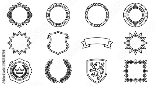 A collection of unique heraldry elements in a monochrome style, perfect for design usage 