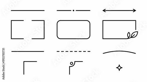 Set of minimal black line design elements for creative project. The elements include simple lines, boxes, and decorative features 