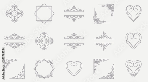 Ornamental elegant design set. A collection of diverse decorative designs in an elegant and sophisticated style. With each element adding a touch of timeless beauty and visual interest