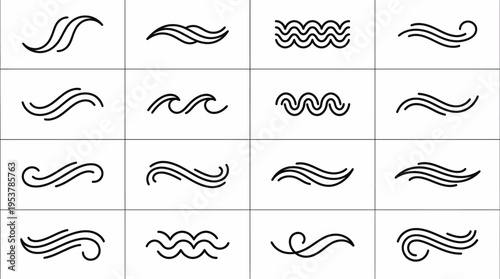 Collection of various wave patterns for design use. The wave designs offer a variety of styles, from simple lines to more elaborate curves