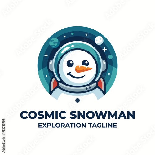 A cheerful snowman wearing an astronaut suit explores a cosmic landscape filled with stars, planets, and celestial elements, embodying the spirit of adventure and creativity.
