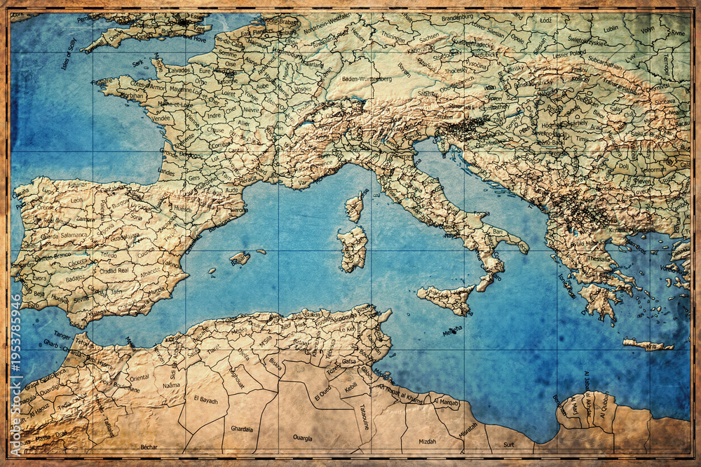 Fototapeta premium Vintage Map Of Southern Europe On Retro Paper Background