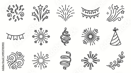 Diverse collection of festive celebration graphic elements including fireworks, confetti and party decorations 