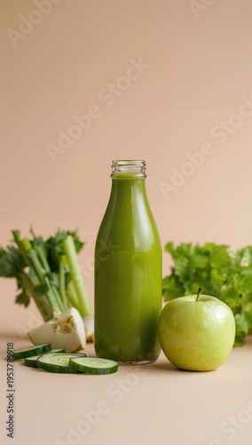 Green Juice Bottle And Apple On Table