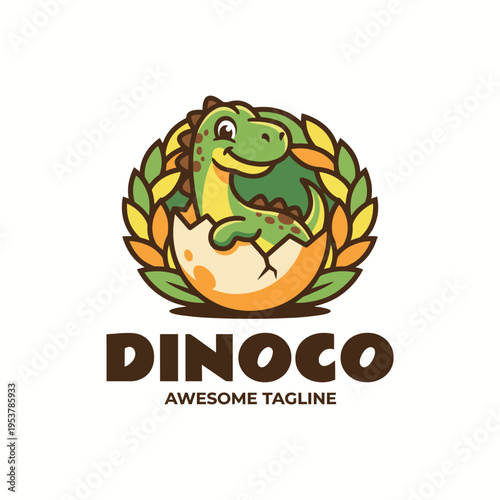 An adorable cartoon dinosaur peeks out from a cracked eggshell, exuding charm and playfulness. This whimsical illustration captures the essence of childhood wonder and fun.