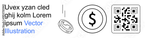 Digital payment, ecommerce, currency exchange, financial security, QR code utility, virtual transactions. Dollar symbol and QR code displayed. Digital payment and ecommerce concept