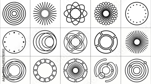 Geometric patterns with circular shapes and lines, creating a sense of order and balance. The design showcases various circular configurations, offering a visually engaging experience.