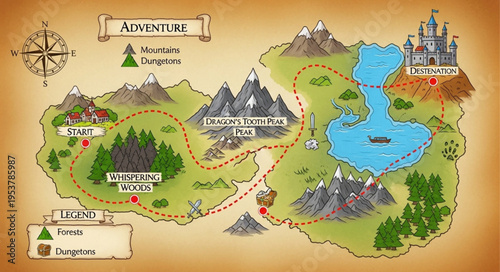 Fantasy Adventure Map with Landmarks and Terrain for Storytelling.